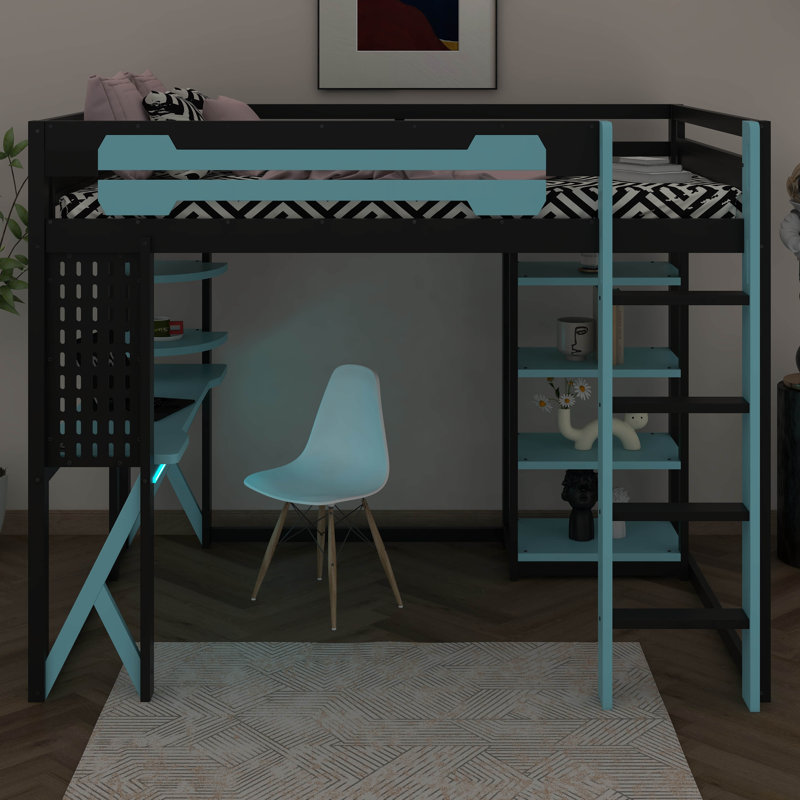 Wood Gaming Loft Bed With Desk & RGB Light, Full Size Loft Bed, Hanging Board, Ladder & Guardrails, Blue