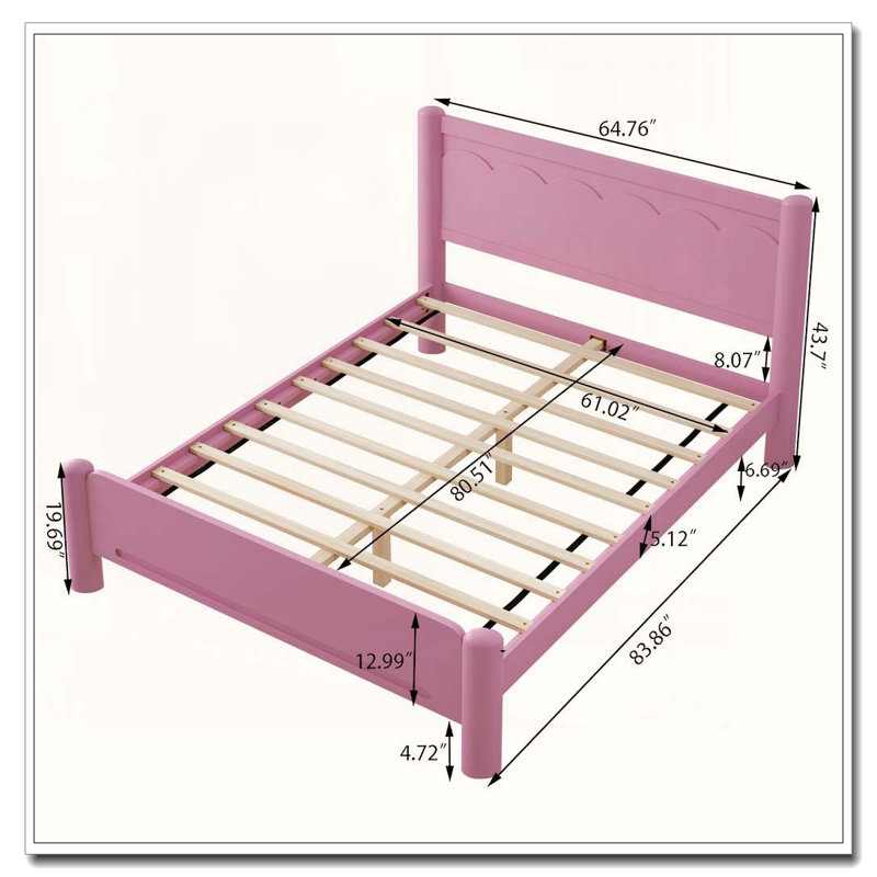 Grand lit plateforme en bois massif avec tête de lit et 10 lattes, aucun sommier requis, Grand lit, Rose