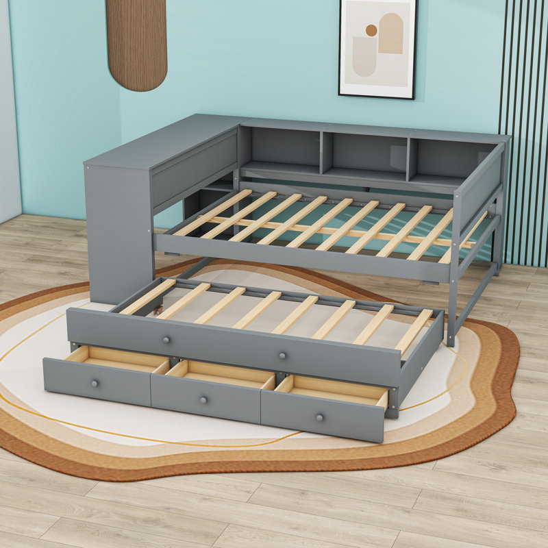 Lit de jour en bois avec tablettes et bureau et 2 tiroirs, Gris, Complet/Double