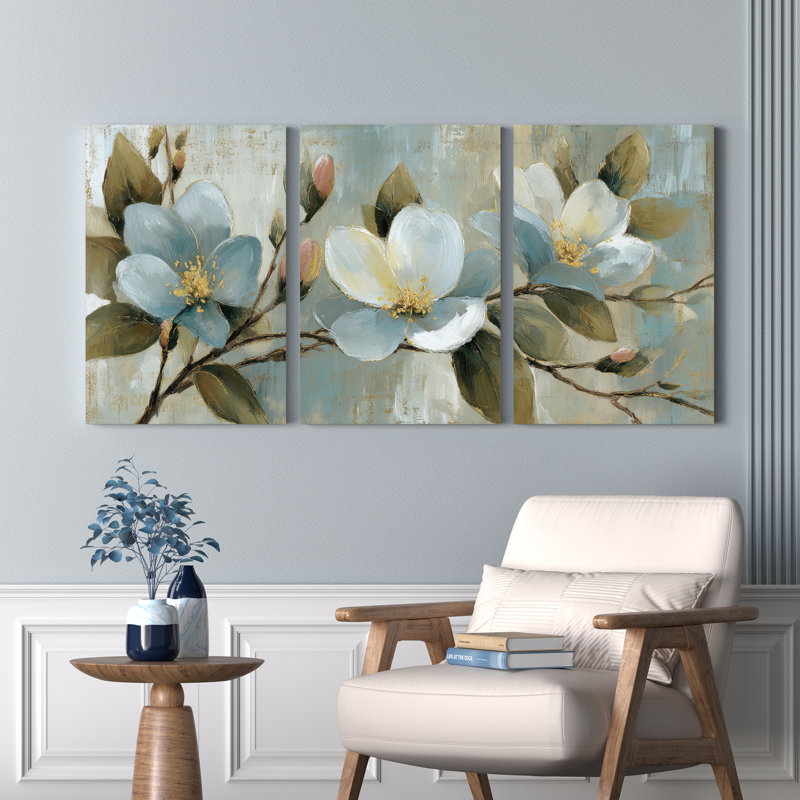 Ensemble de 3 tableaux muraux sur toile tendue représentant des fleurs de magnolia bleu, H 24 po x l 48 po