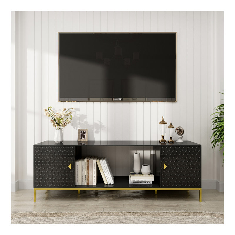 Meuble télé 70 po, meuble multimédia en bois robuste avec rangement et tablettes ouvertes pour le salon, design moderne (noir)