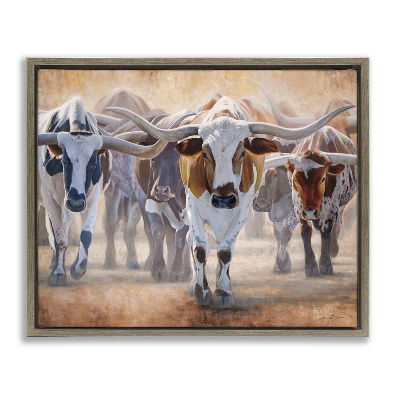 Cadre flottant Trotting Longhorn, par James Corwin, H 17 po x l 21 po, Cadre flottant orme Montalcino