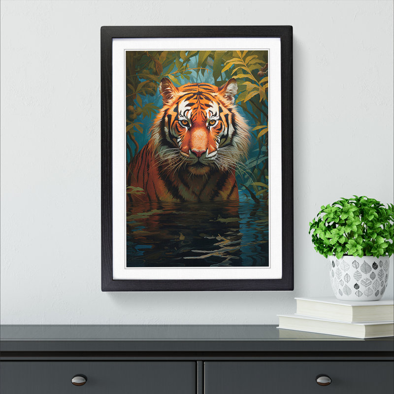 XYZ-FRM-V1223-6164 Tiger Informel - Single Picture Frame Print on Wood, Black , 46cm H x 34cm W x 2cm D