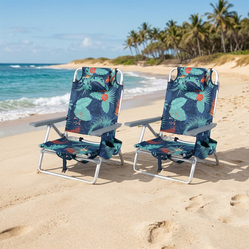Set Of 2 Portable Folding Backpack Beach Recliner Chairs With 5 Position Adjustable Backrest And Soft Padded Headrest For Beach Poolside Camping Use
