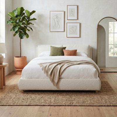 Lit plateforme tapissier Boucle avec deux têtes de lit amovibles, pieds en bois massif, aucun sommier nécessaire