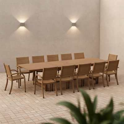 Whately 13-Piece Outdoor Rectangular Extendable Dining Table And Chairs Set | Teak Finish | Ideal For Patio, Light Brown