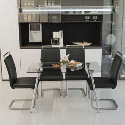 Ensemble de table de salle à manger 5 pièces, table rectangulaire en verre trempé et chaises rembourrées pour la salle à manger
