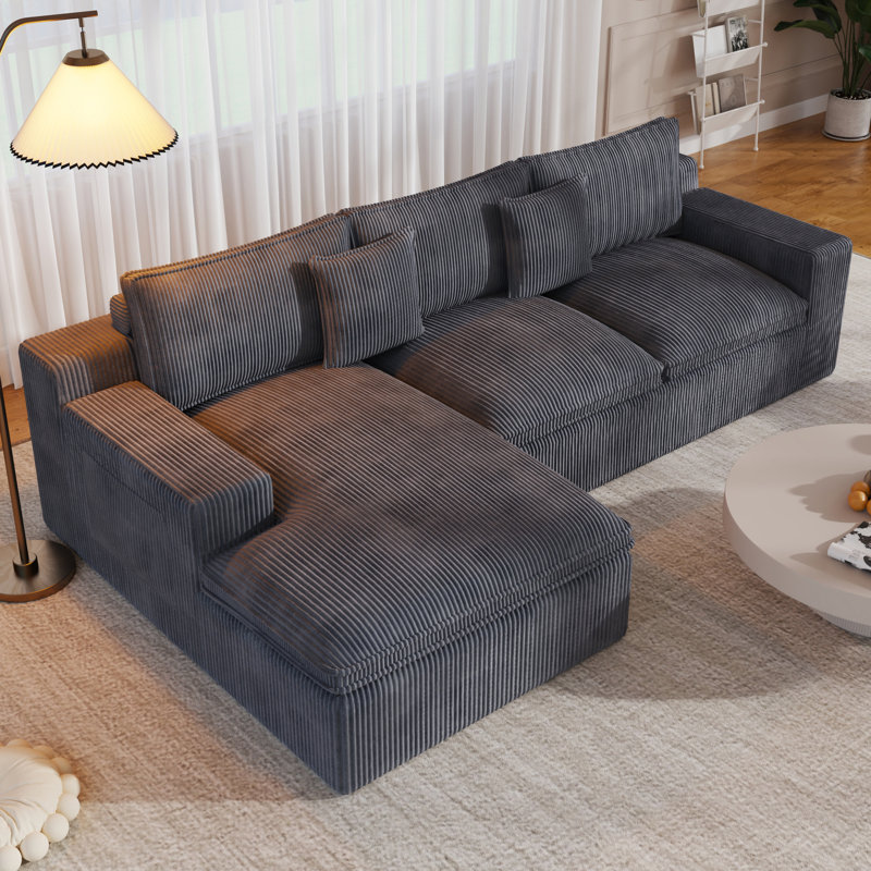 Boneless 108" No Assembly Required Modular Corduroy  Sectional Sofa With Deep Seat, 3 Thickened Seat Cushions, 2 Throw Pillows, Compression Sofa