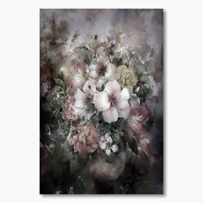 Grunge blanc gris fleurs d'été - art mural traditionnel sur toile