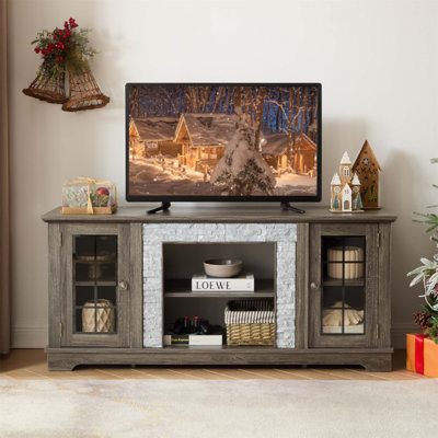 Meuble télé 58 pouces avec rangement à 2 portes et console média en faux pierre pour le divertissement dans le salon