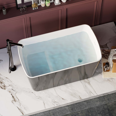 49'' Acrylic Freestanding Soaking Bathtub, Square-Shape Japanese Soaking Hot Tub, Sit-In Design With Chrome Overflow And Drain For Express Delivery