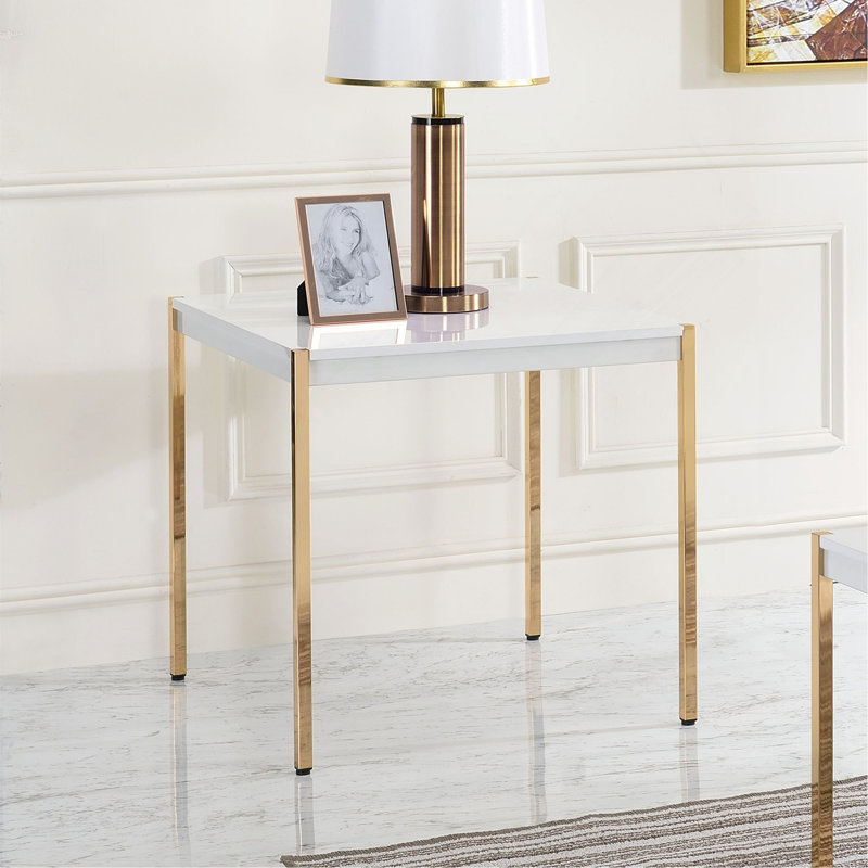 Table de bout, plateau carré avec pieds en métal, blanc et or
