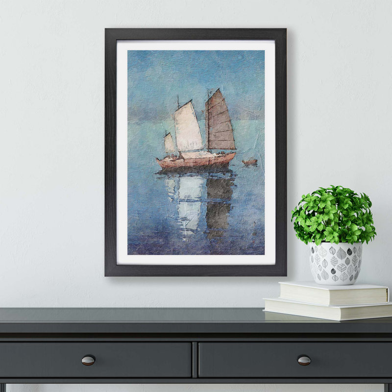 Sailing Boat by Hiroshi Yoshida - Single Picture Frame Painting, 45cm H x 63cm W x 2cm D, Black