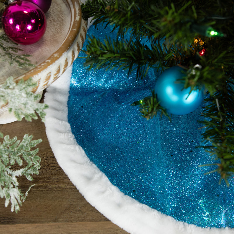 20" Blue Glittered Mini Christmas Tree Skirt with Faux Fur Trim