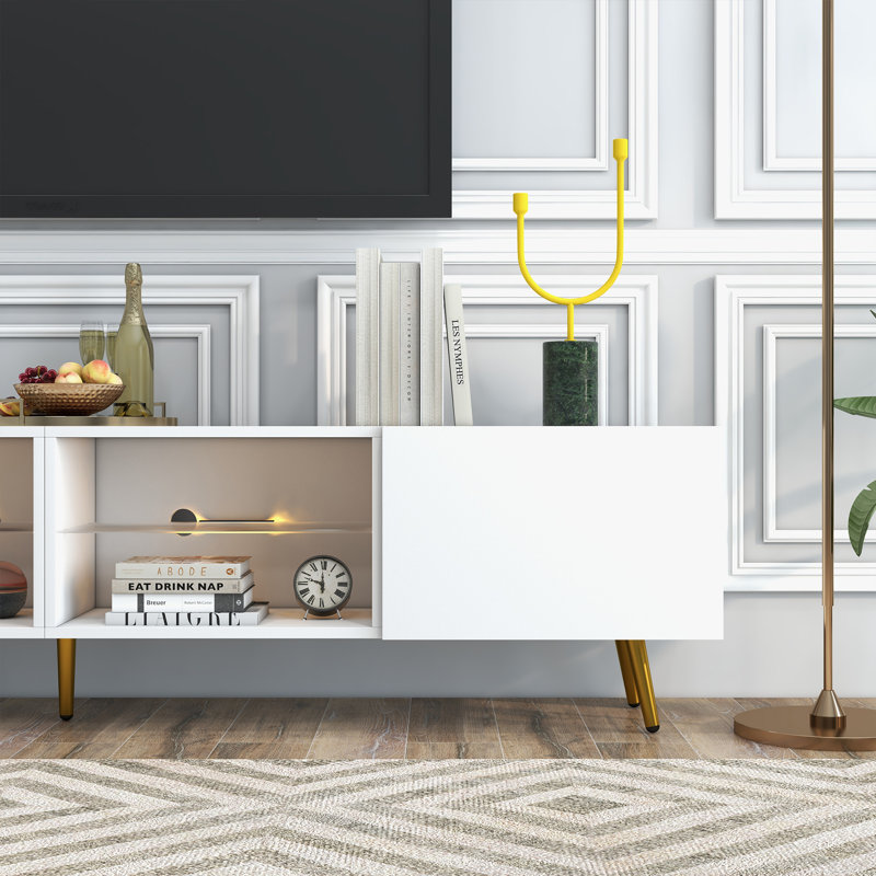 Digno 86.6" TV Stand with LED, and Cabinet Storage, White