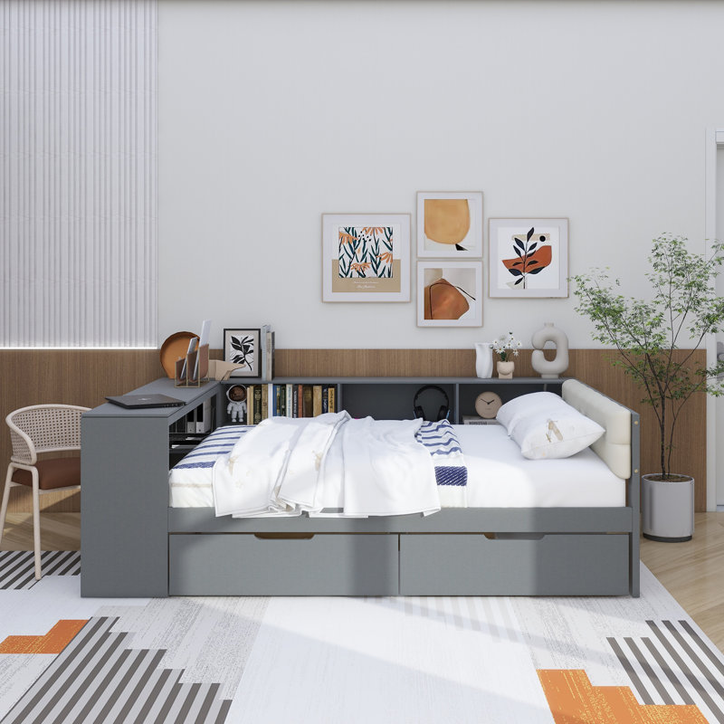 Lit plateforme en bois avec tablettes de rangement, tiroirs, station de charge et tête de lit tapissier , Lit double, Gris