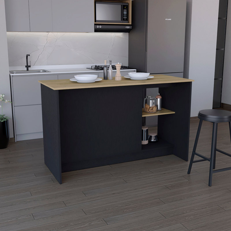 Kitchen Island With Large Countertop, Open Storage Shelves And Double Door Cabinet, Black/Natural