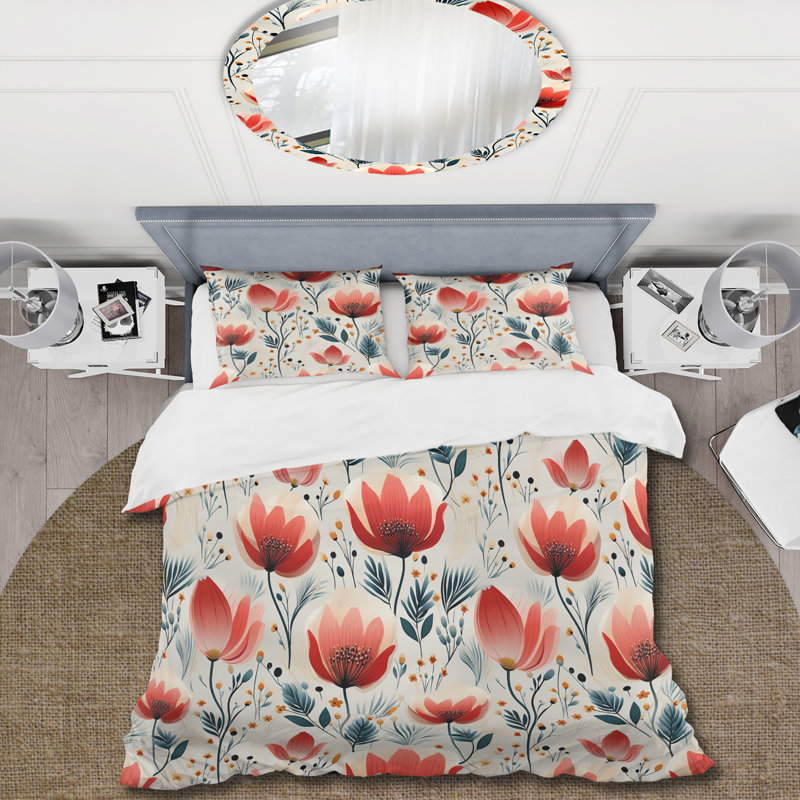 Ensemble de housse de couette floral rouge et beige Cottage I, Housse de couette pour très grand lit et 2 très