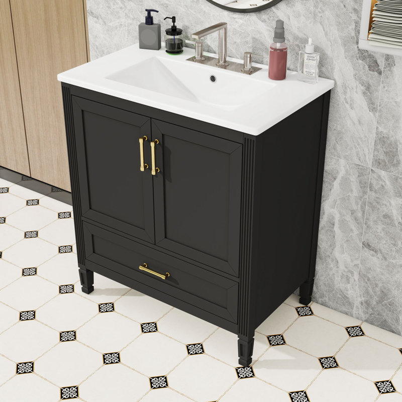 Meuble-lavabo autoportant élégant avec lavabo en céramique, rangement à fermeture en douceur et porte à double couche, Black