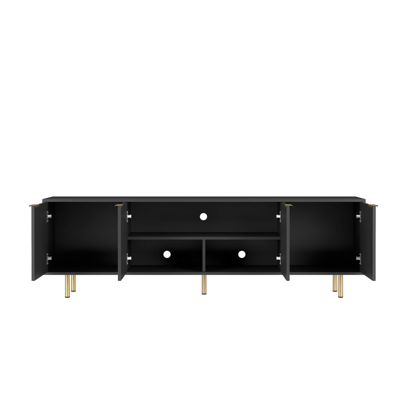 Meuble télé de 68 po de style cannelé noir, prise de courant, rangement pour téléviseur de 55 po et plus, centre de divertissement, mobilier de salon moderne avec décor