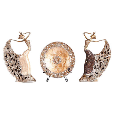 3PCS Vintage Gold Figure Statue Sculpture Set Romantic Shell Dancer Desktop Decor