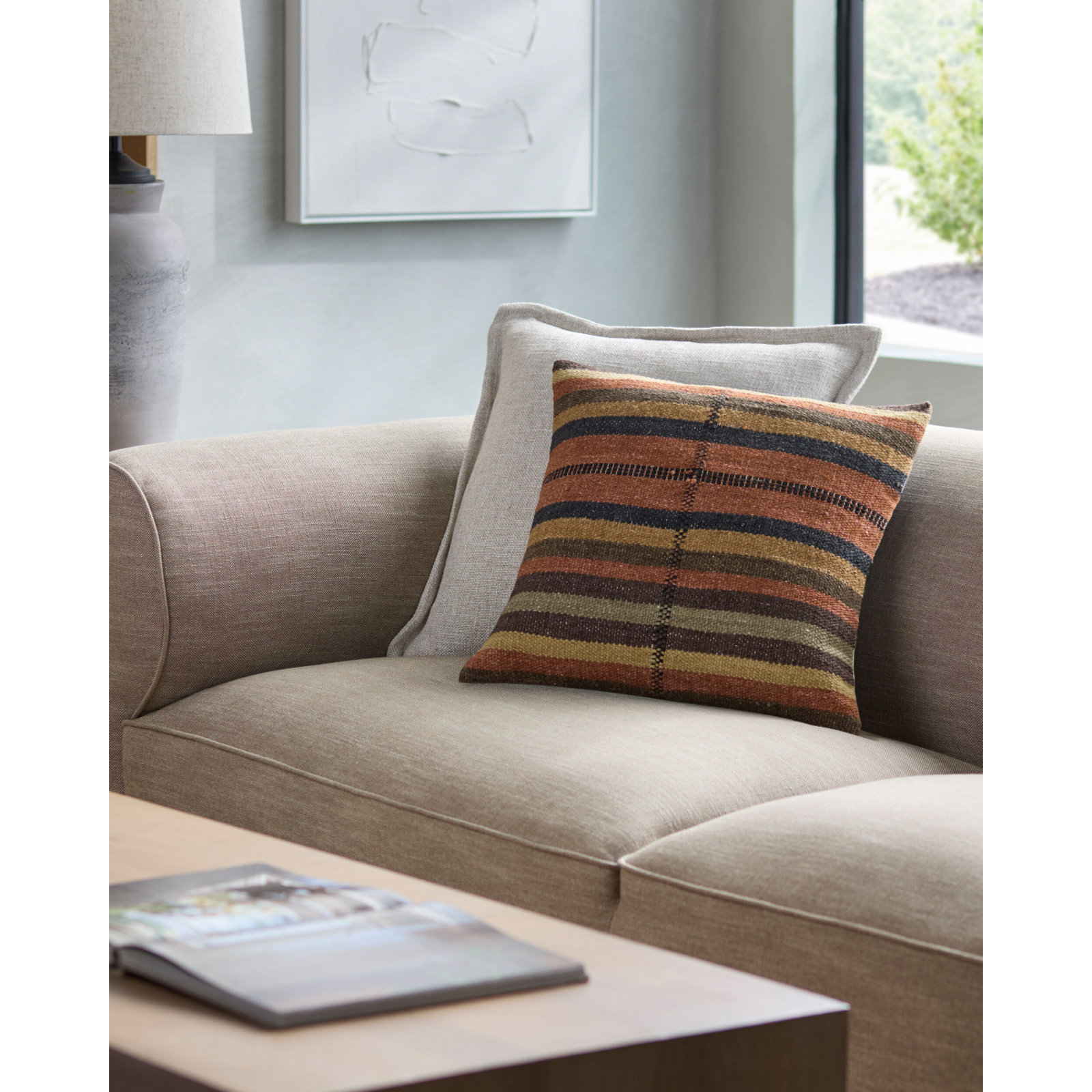 Blanche Accent Pillow, Orange Striped, Polyester, 18"H x 18"W
