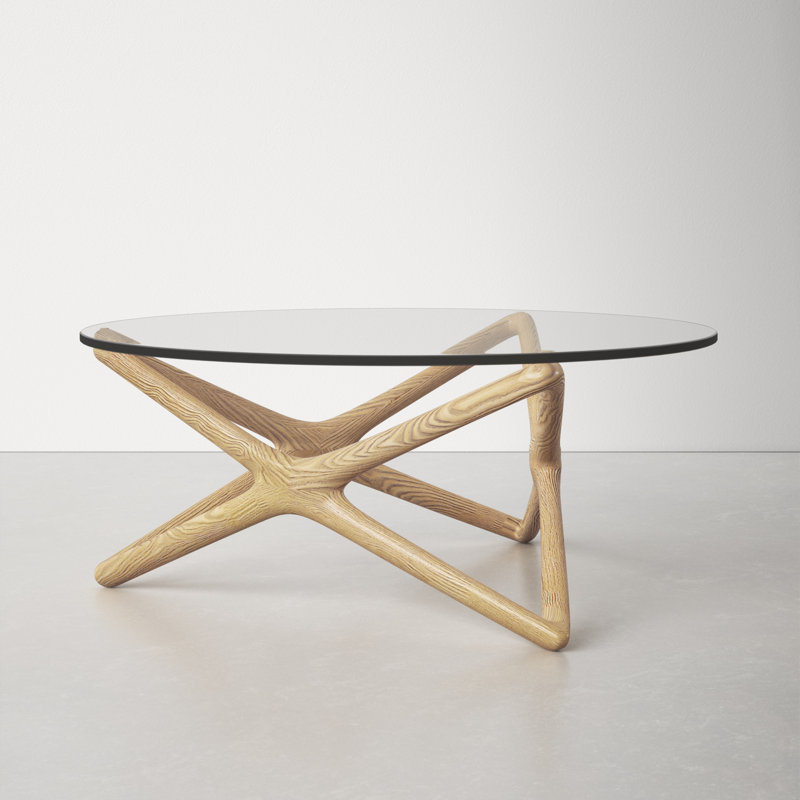 Natural Wood X-Leg Round Glass Coffee Table