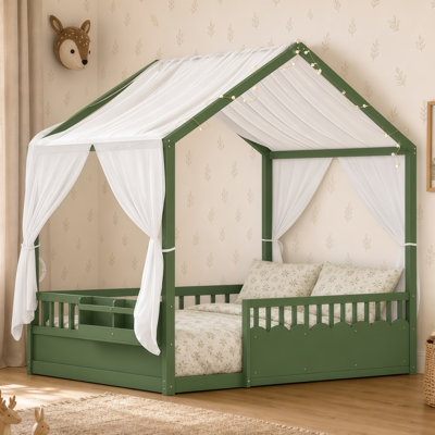 Lit double Montessori pour enfants, structure de lit à baldaquin en bois avec barrières de sécurité et porte, guirlande de lumière chaude intégrée et bibliothèque, lit à profil bas