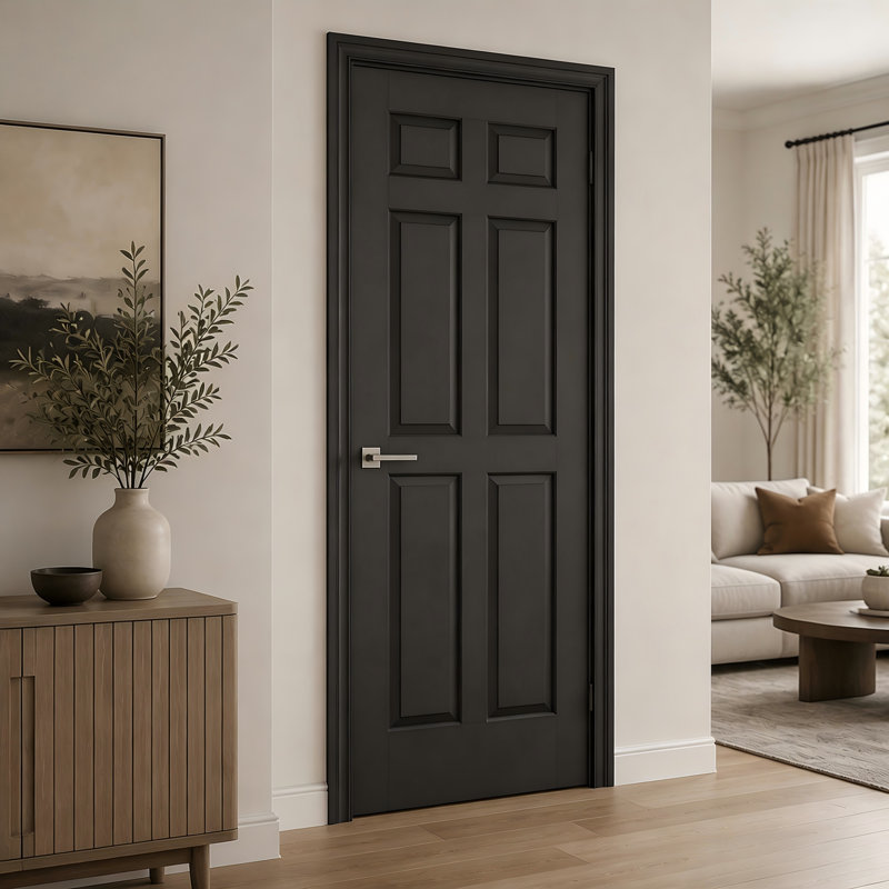 Panneau de porte intérieur laqué noir, conception classique à six panneaux, convenant à la fois aux chambres et aux bureaux, porte de grange à battant.
