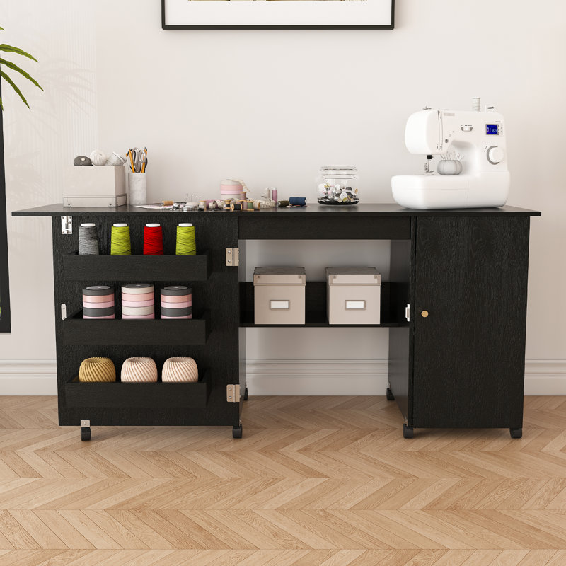 Table de couture pliante moderne de 57,5 po, grande station de travail avec armoire de rangement et tablettes, armoire de couture robuste pour bureau à domicile, noyer