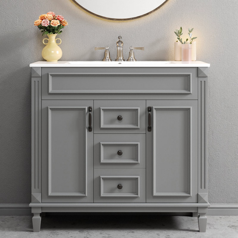 Meuble-lavabo moderne de 36 po avec lavabo en céramique, 2 portes à fermeture douce et 2 tiroirs, pieds romains, capacité de 300 lb, finition texturée, robinet central de 4 po prêt pour le robinet
