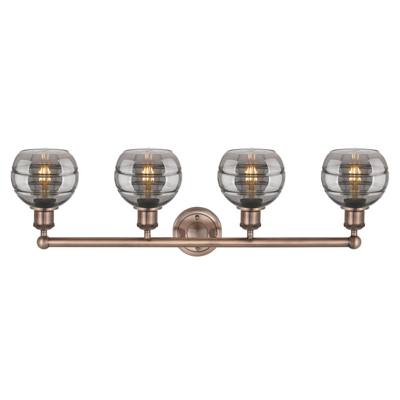 Éclairage pour meuble-lavabo à 4 lumières Chartoff, Gris fumée clair, Cuivre antique