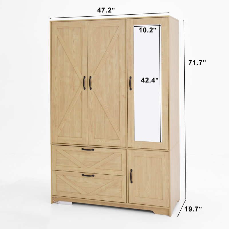 Armoire 4 portes avec miroir, armoire à DEL avec portes et 2 tiroirs, armoire de rangement en bois avec tringle, tablettes réglables, naturel