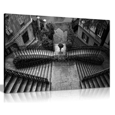 Panther Print Fine Art Prints Black & White Symmetrical Architectural Stairs Artistic Framed Canvas Prints, Pictures For Home Walls, Bedroom, Living Room & Bathroom Decor - Wrapped Canvas Art Prints