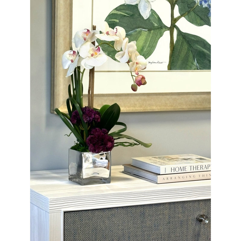 Orchid Arrangement With Sedum In Silver Glass Vase