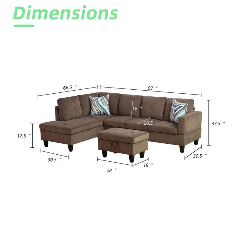 980-SCO-MICROFIBER Upholstered L-Shaped Sectional, Left Hand Facing, Brown Microfiber