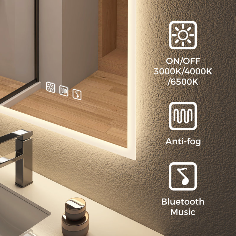 Wall-Mounted Bathroom Mirror with Lights, Fog-free, Inside Bluetooth Speaker, 80cm H x 80cm W