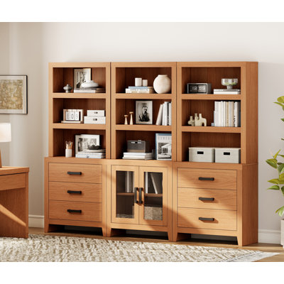 Bibliothèque de 74 po de hauteur avec bibliothèque de ferme à 3 niveaux avec portes et tiroirs en verre, armoire de rangement multifonctionnelle pour le salon, le bureau personnel et la bibliothèque