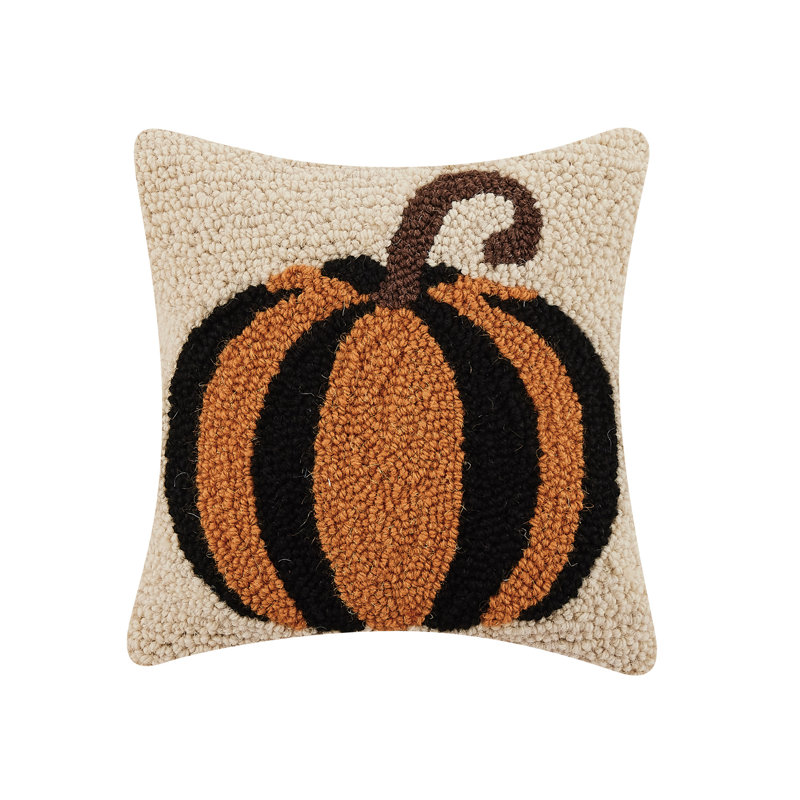 Striped Pumpkin Wool Hook Petite Halloween Pillow - 10" Square