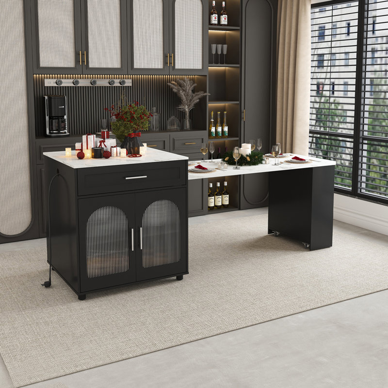 Expandable Kitchen Island With Dining Table, Black/White Marble