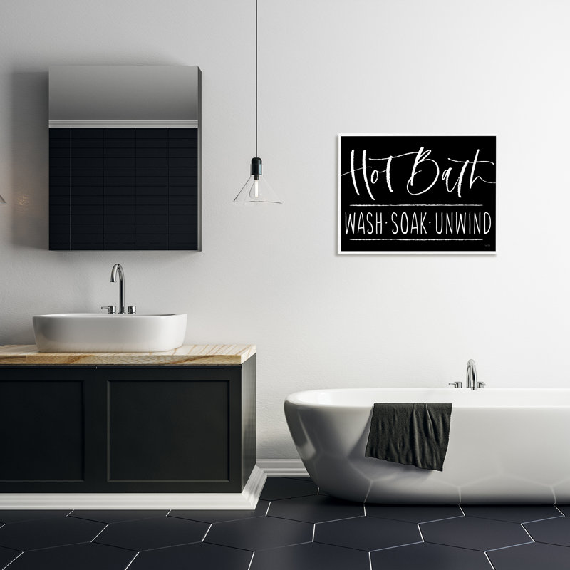«Hot Bath Wash Soak Unwind Bathroom» par Lux + Me s - cadre flottant, impression sur toile, H 24 po x l 30 po x P 1,5 po
