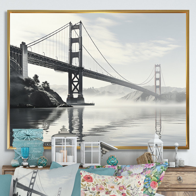 " Grey Bridge Golden Gate Monochrome ", 12" H x 20" W x 1" D, Gold Floater Framed