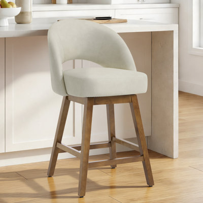 26.4" Swivel Counter & Bar Stool With Pocket Spring Seat & Solid Rubberwood Frame, Cutout Arched Back