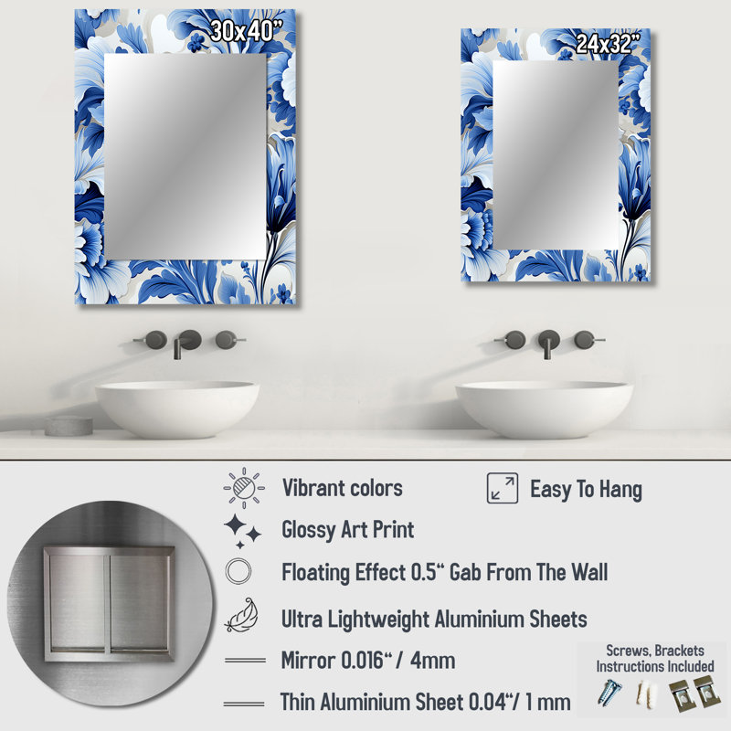 Motif victorien Inman cobalt bleu feuilles d'acanthe - grand miroir mural floral, chalet, miroir traditionnel unique, art imprimé en métal