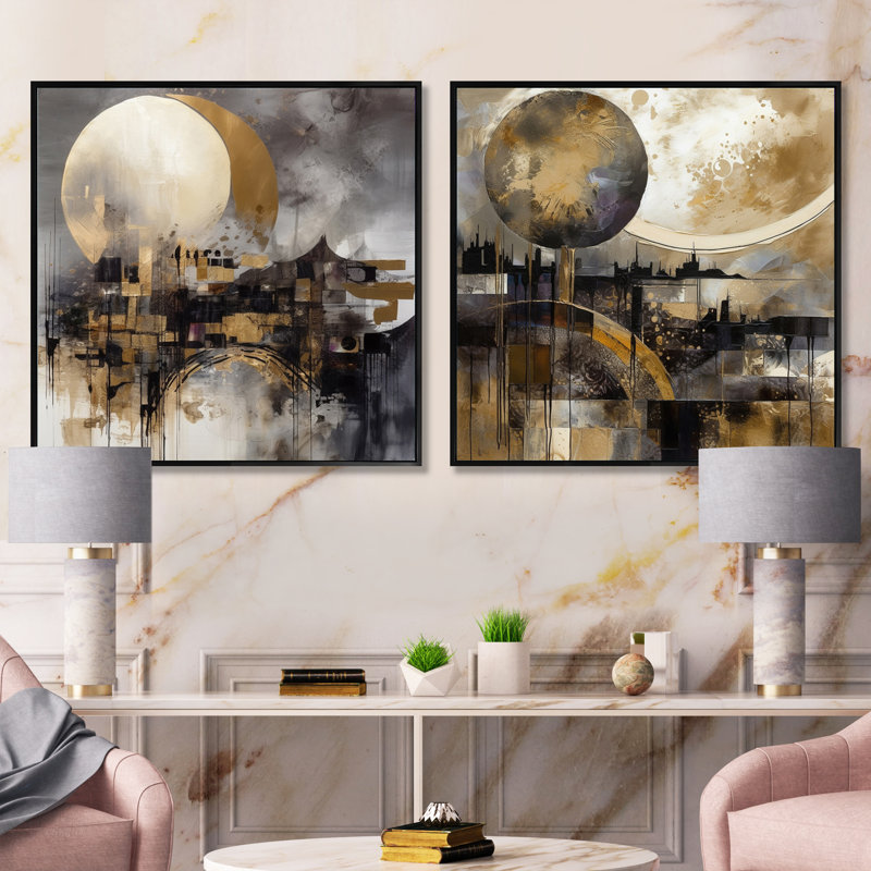 Exploration de la lune dorée évolutive - Ensemble de 2 collage paysage carré moderne, Cadre flottant noir, H 16 po x l 33 po
