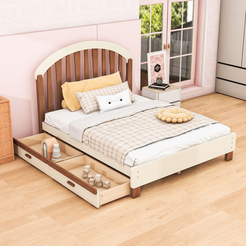 Lit plateforme simple en bois avec tablettes, Lit double, Naturel beige