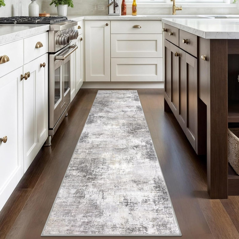 Abstract Kitchen Runner Rug Washable, 2' x 8' (Runner), Ash Grey/Beige
