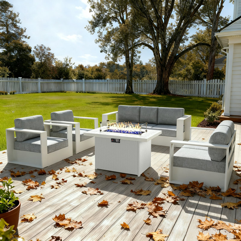 Modern Outdoor Aluminum 4-piece Conversation Set With Firepit Table, Gray Cushion/White Frame