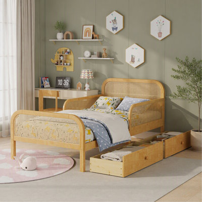 Structure de lit plateforme simple avec 2 tiroirs de rangement, lit en rotin pour enfants avec tête et pied de lit, naturel
