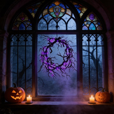 Couronne d'Halloween pour porte d'entrée, couronne lumineuse d'Halloween avec branches noires | Couronne de porte d'Halloween de 45 cm avec lumière violette pour décoration intérieure et extérieure, fête, fenêtre, mur, guirlande de style champêtre